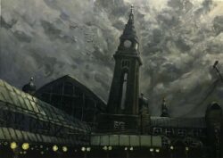 Acryl auf Leinwand;
50 x 70 cm Bahnhof im Mondlicht