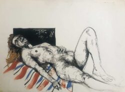 Acryl, Bleistift und Filzstift auf Papier;
50 x 65 cm Liegender Akt