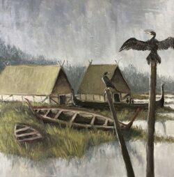 Öl auf Leinwand;
80 x 80 cm Wikingerdorf mit Anlegestelle