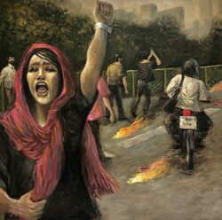 Öl auf Leinwand;
100 x 100 cm Frauen! Leben! Freiheit!