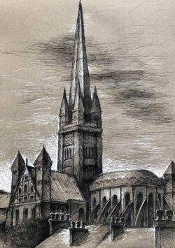 Gelstift (schwarz und weiß) auf grauem Papier;
A2 Norwich Kathedrale