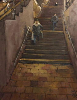 Acryl auf Pappe;
50 x 40 cm Treppab im Bahnhof