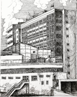 Gelstift auf Papier;
Skizzenbuch A3 Haus 8, Asklepios Klinikum