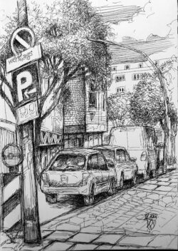 Gelstift auf Papier;
Skizzenbuch A3 Nachmittag in der Stadt