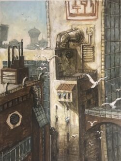 Acryl auf Papier;
65 x 50 cm Die Stadt von Morgen