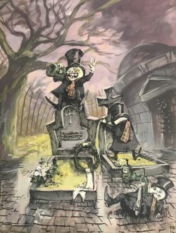 Acryl und Federzeichnung auf Papier;
65 x 50 cm Dancing on your graves...