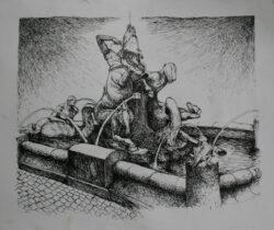 Federzeichnung auf Papier;
50 x 70 cm Der Stuhlmann - Brunnen