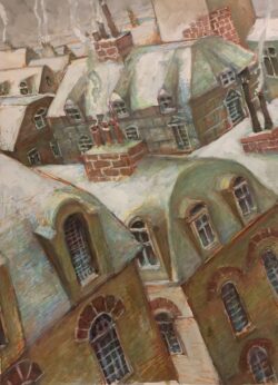 Acryl und Filzstift auf Papier;
65 x 50 cm Verschneite Dächer