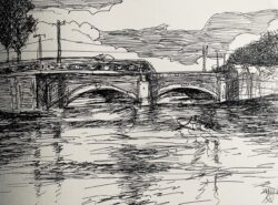 Gelstift auf Papier;
Skizzenbuch A4 Lombardsbrücke an der Binnenalster
