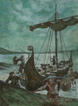 Acryl und Federzeichnung auf Papier;
65 x 50 cm Landung bei Mondschein