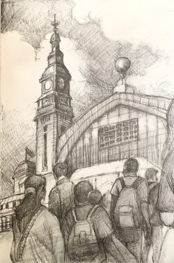 Bleistift auf Papier;
Skizzenbuch;
A3 Weg zum großen Bahnhof