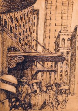 Gelstift und gehöht mit Farbstift auf braunem Papier;
A4 New York in the Forties