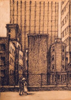 Gelstift und gehöht mit Farbstift auf braunem Papier;
A4 New York in the Forties