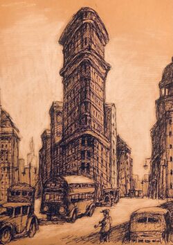 Gelstift und gehöht mit Farbstift auf braunem Papier;
A4 New York in the Forties