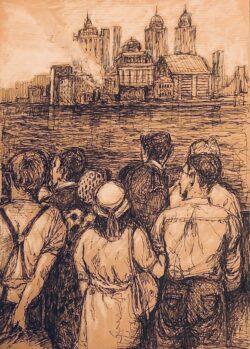 Gelstift und gehöht mit Farbstift auf braunem Papier;
A4 New York in the Forties