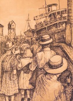 Gelstift und gehöht mit Farbstift auf braunem Papier;
A4 New York in the Forties